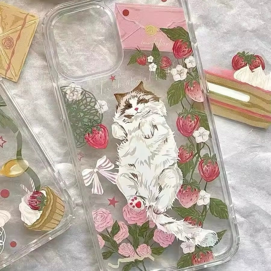 Cottagecore Cat iPhone Case with Hand-Painted Strawberry & Rose Design
