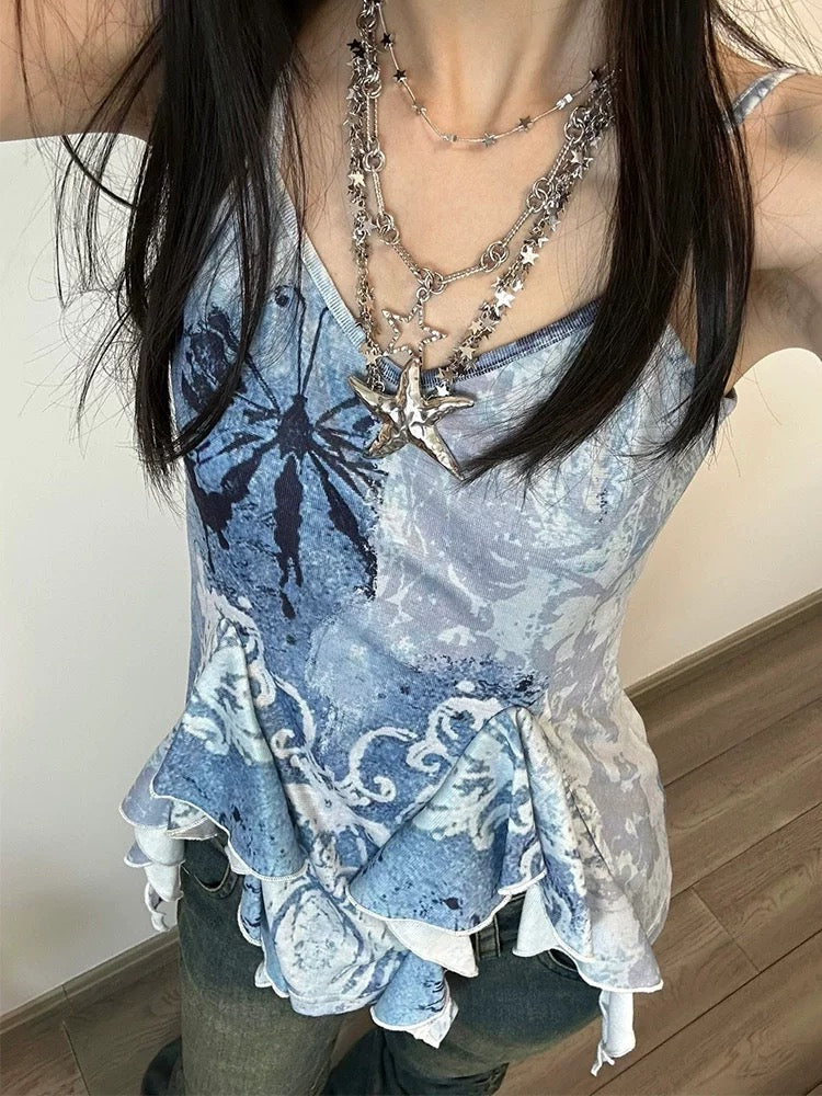 Tie-dye Fairycore sleeveless top, aesthetic Korean fashion crop camis, trendy Y2K-inspired irregular tank top with a soft pastel cottagecore design