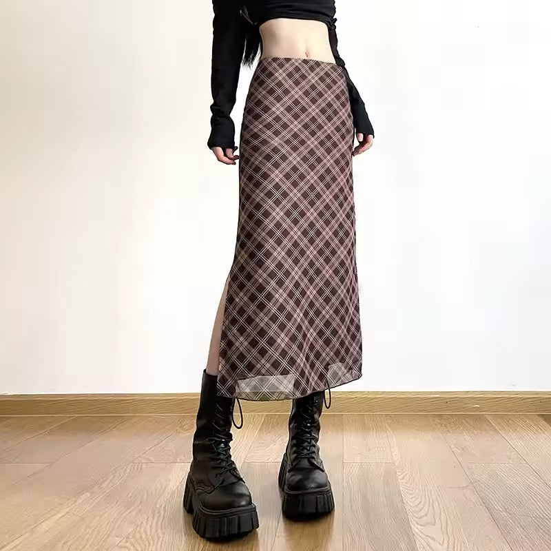 Chic plaid midi skirt for Y2K, retro, and streetwear fashion
