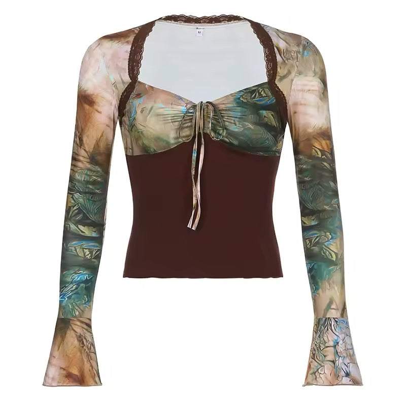 Cottagecore retro crop top with abstract print and lace