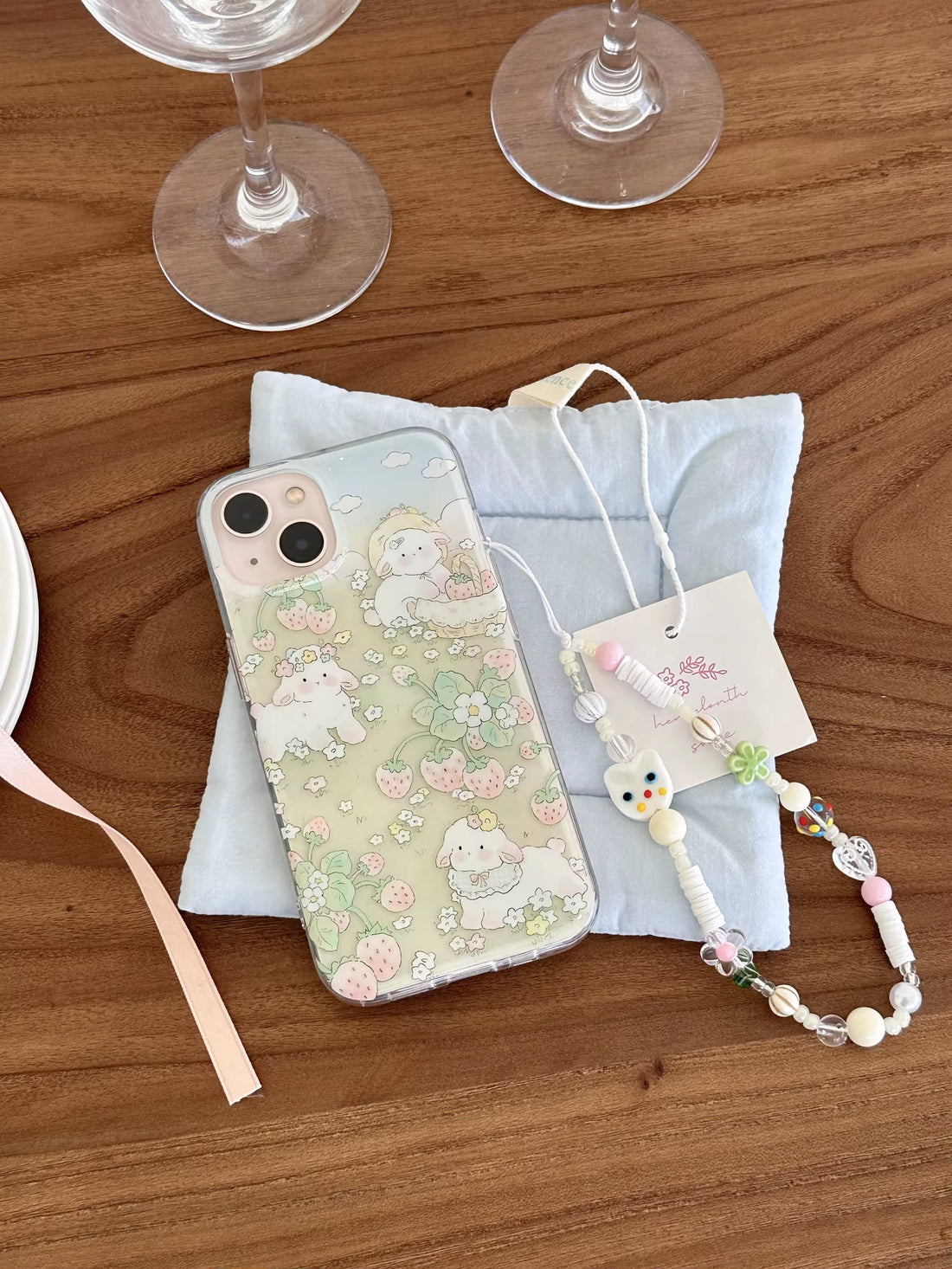 Cottagecore sheep iPhone case with floral strawberry print for aesthetic girls