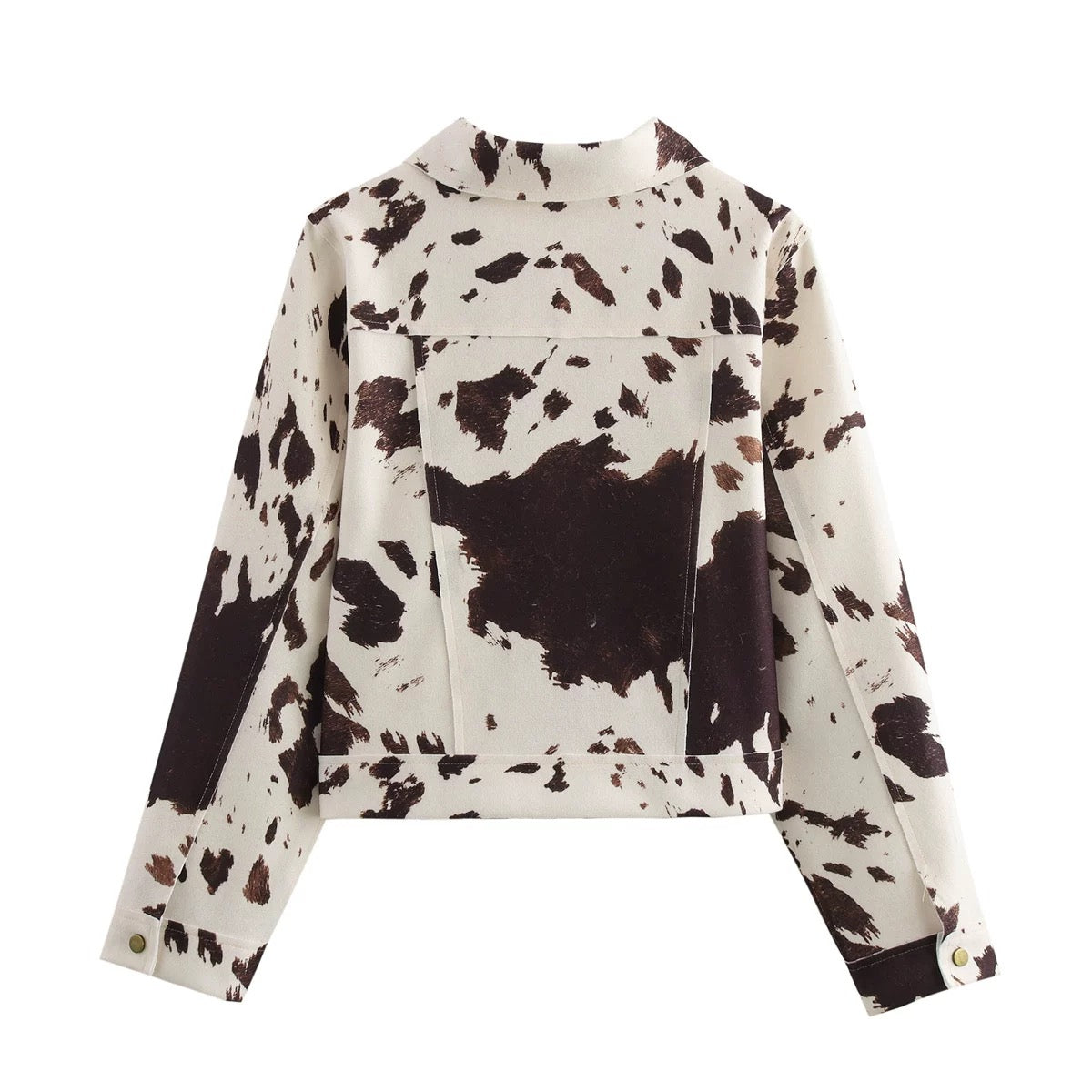 Cozy cropped outerwear with cute cow print design, perfect for soft streetwear and Y2K fashion fans