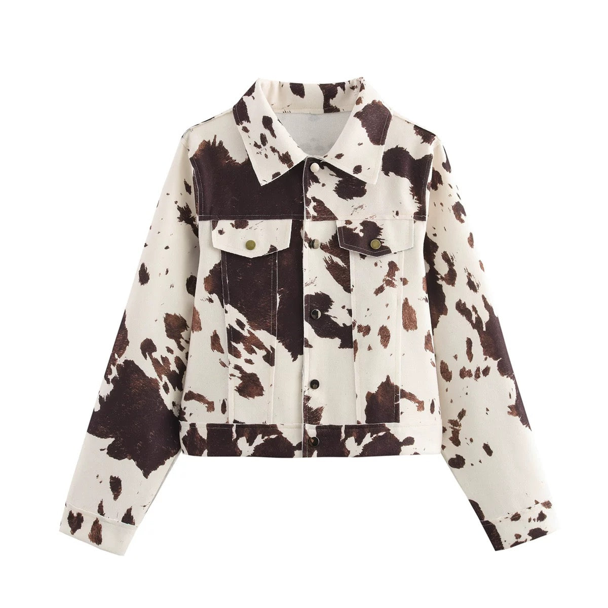 High-fashion wool jacket with irregular cow spots, great for women’s winter outfits and animal print lovers