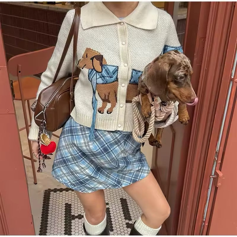 Animal pattern sweater coat for women with puppy print and long sleeves, casual cardigan ideal for cozy autumn layering