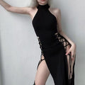 Goth partywear dress with high neckline