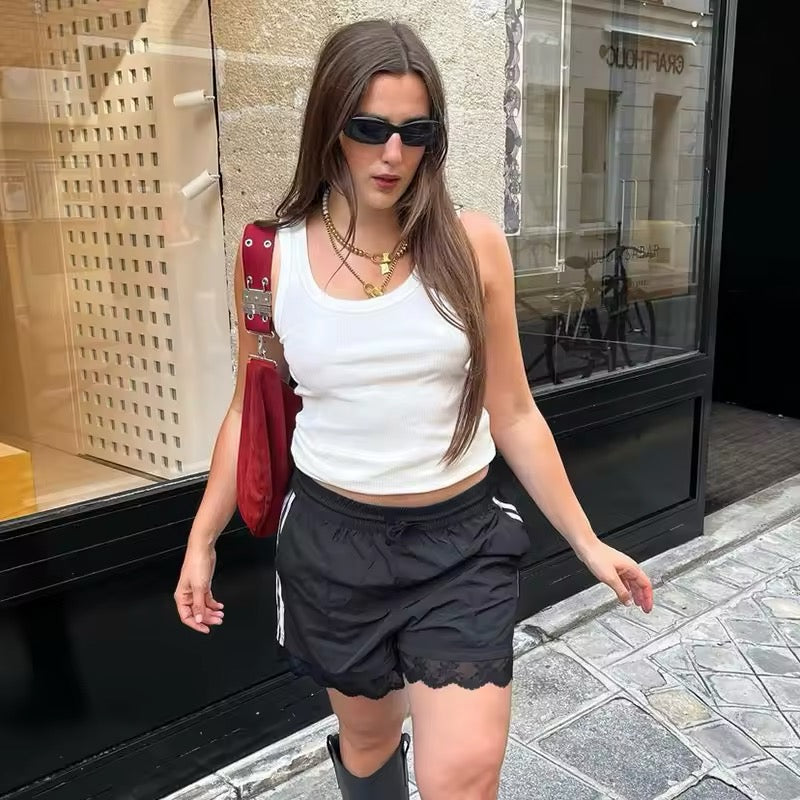 Korean fashion casual shorts with girly lace and drawstring fit