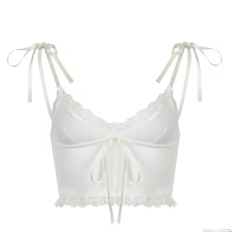 Stylish summer lace bow crop top with soft knitted fabric