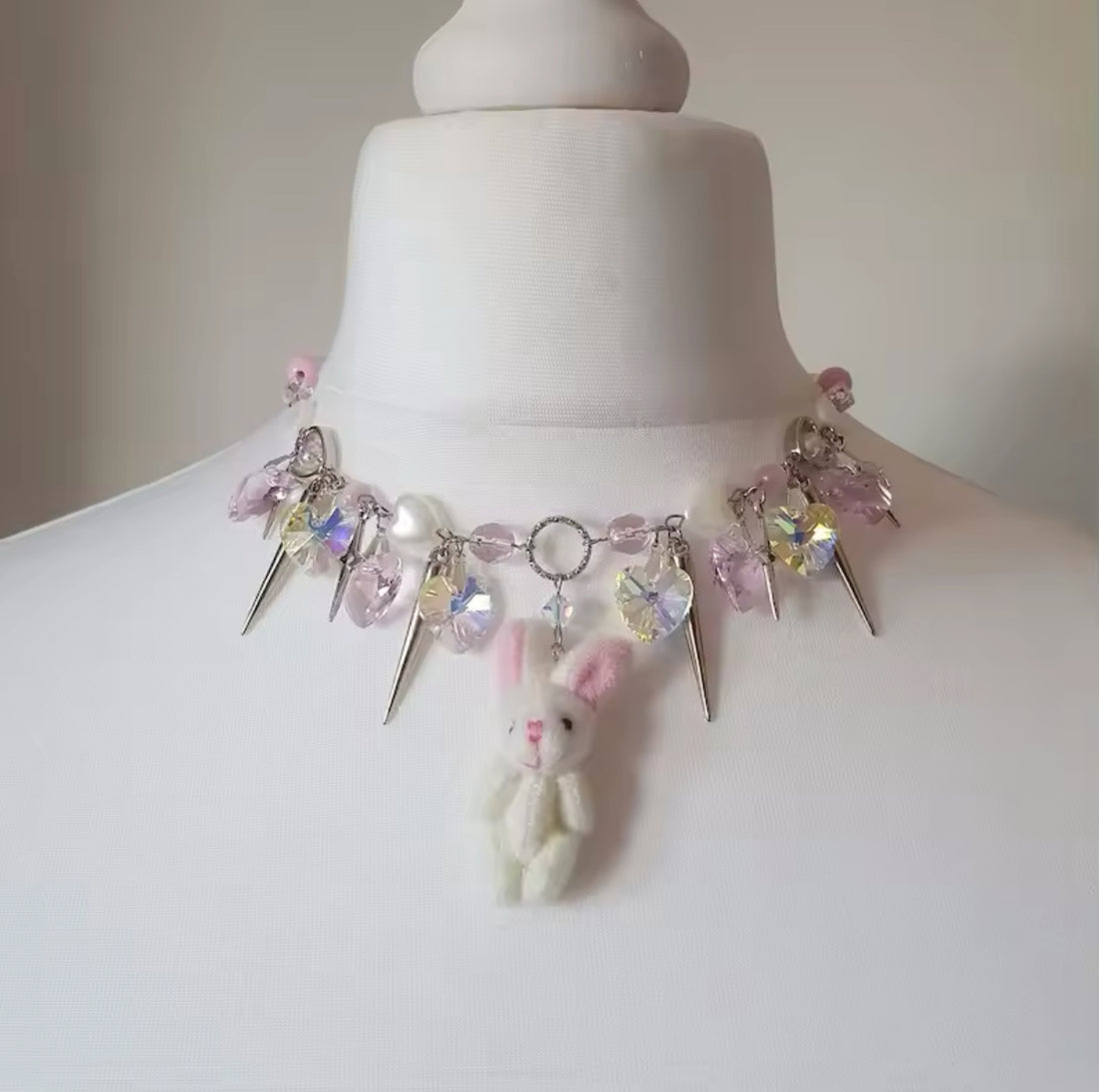 Soft girl aesthetic kawaii bunny necklace, handmade Y2K plush pendant jewelry piece perfect for balletcore and trendy fashion outfits