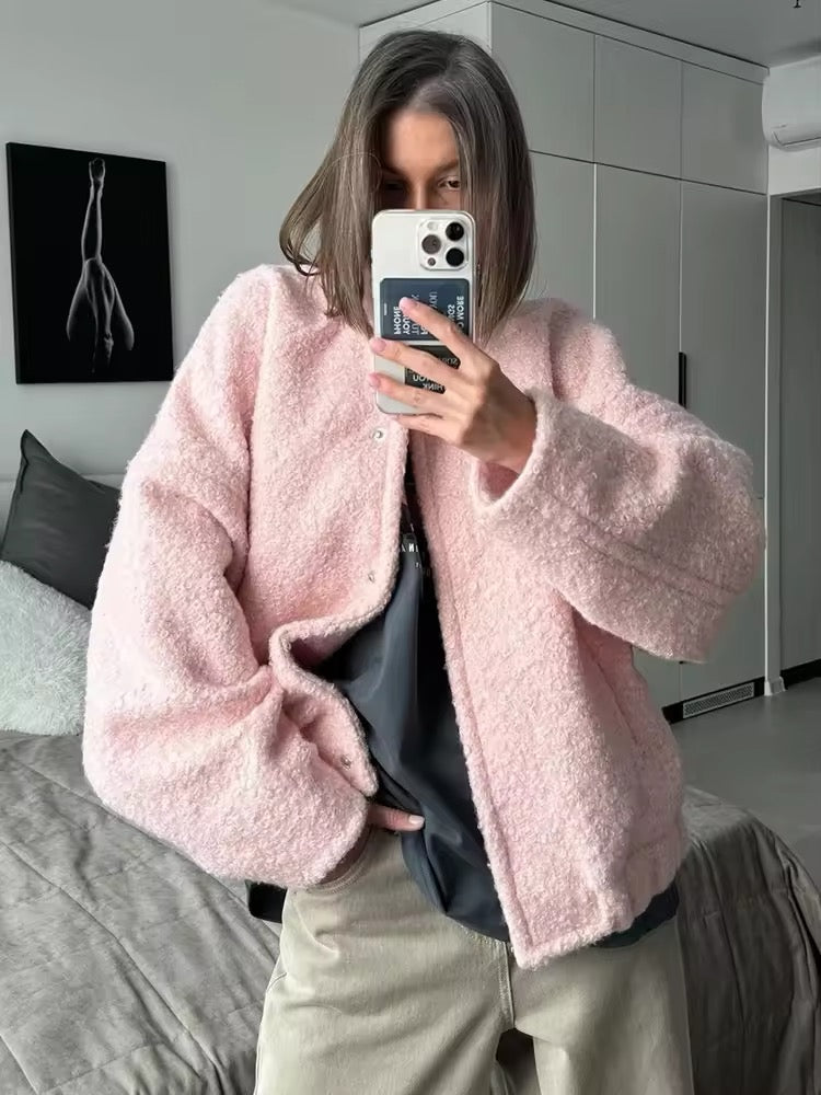 Soft pastel jacket for women with cozy fleece texture, stylish collar, and casual chic vibe