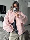 Soft pastel jacket for women with cozy fleece texture, stylish collar, and casual chic vibe