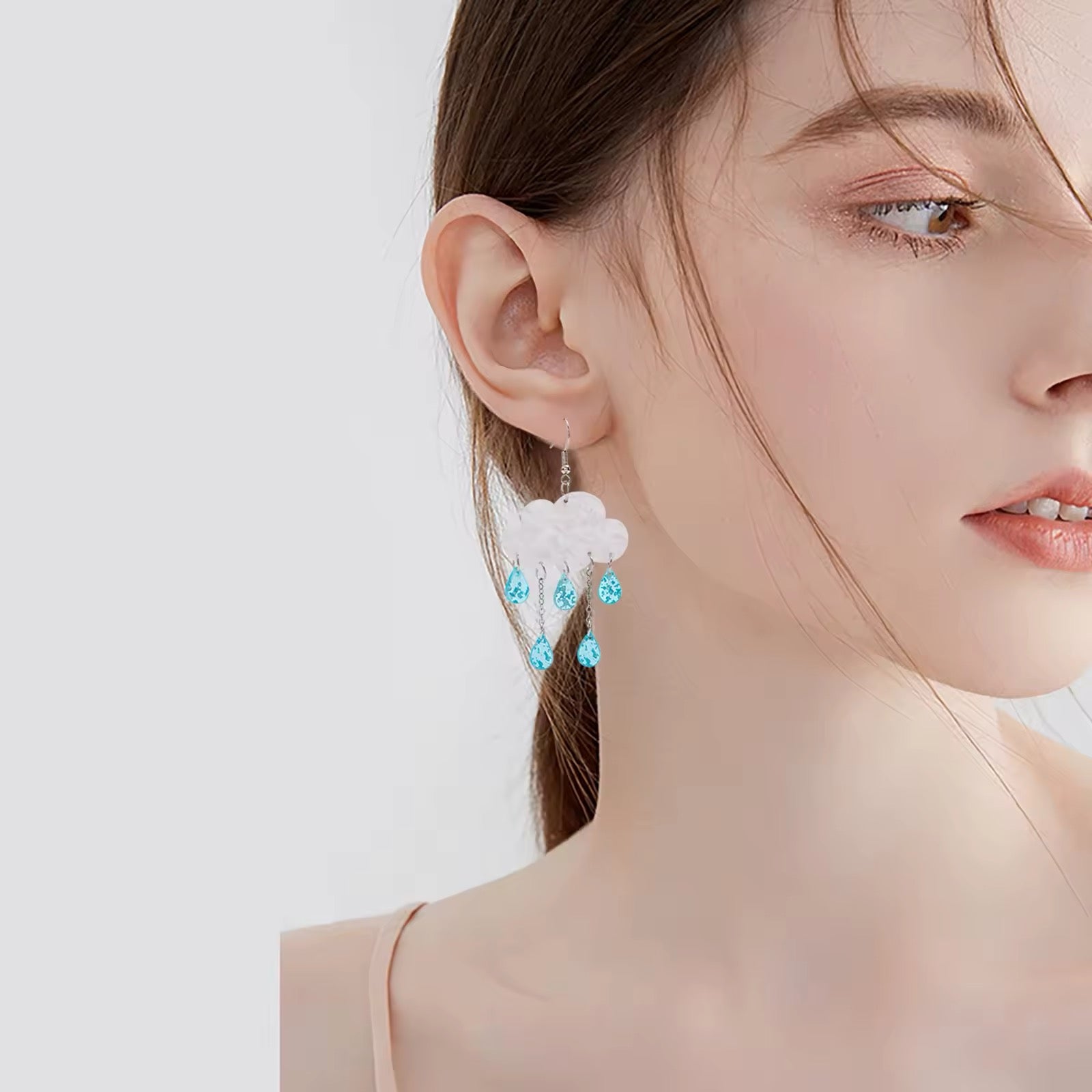 Whimsical cloud earrings with raindrop charms, fairycore-inspired design perfect for soft aesthetic and magical everyday wear