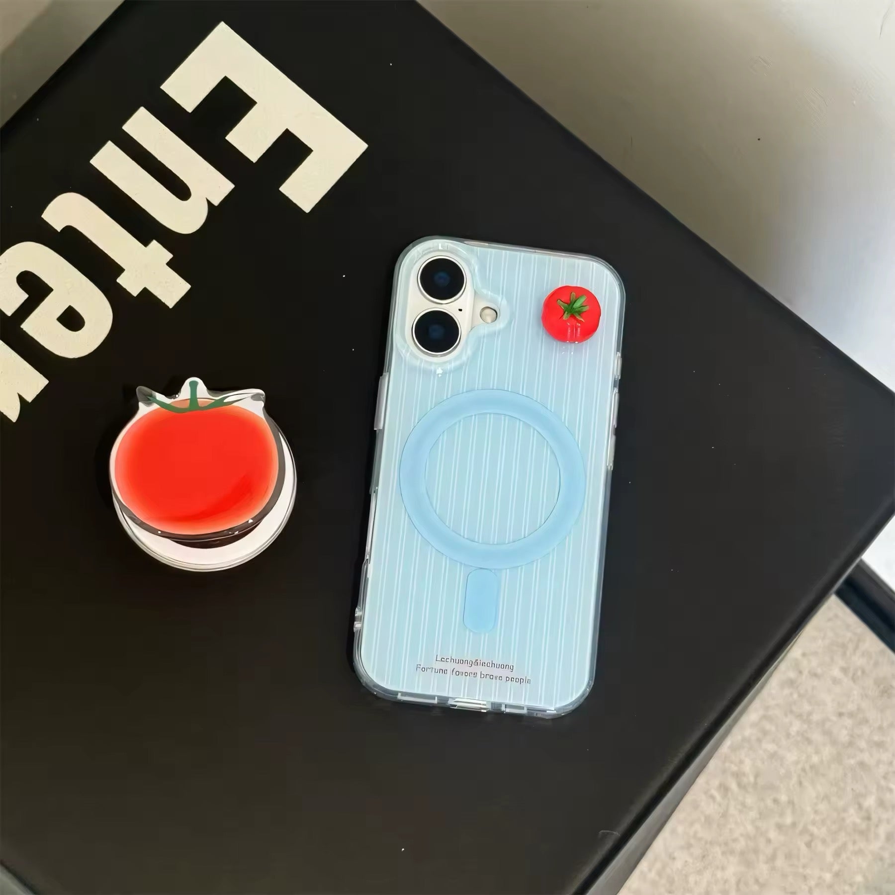 Tomato bracket phone case in bold red and blue colors