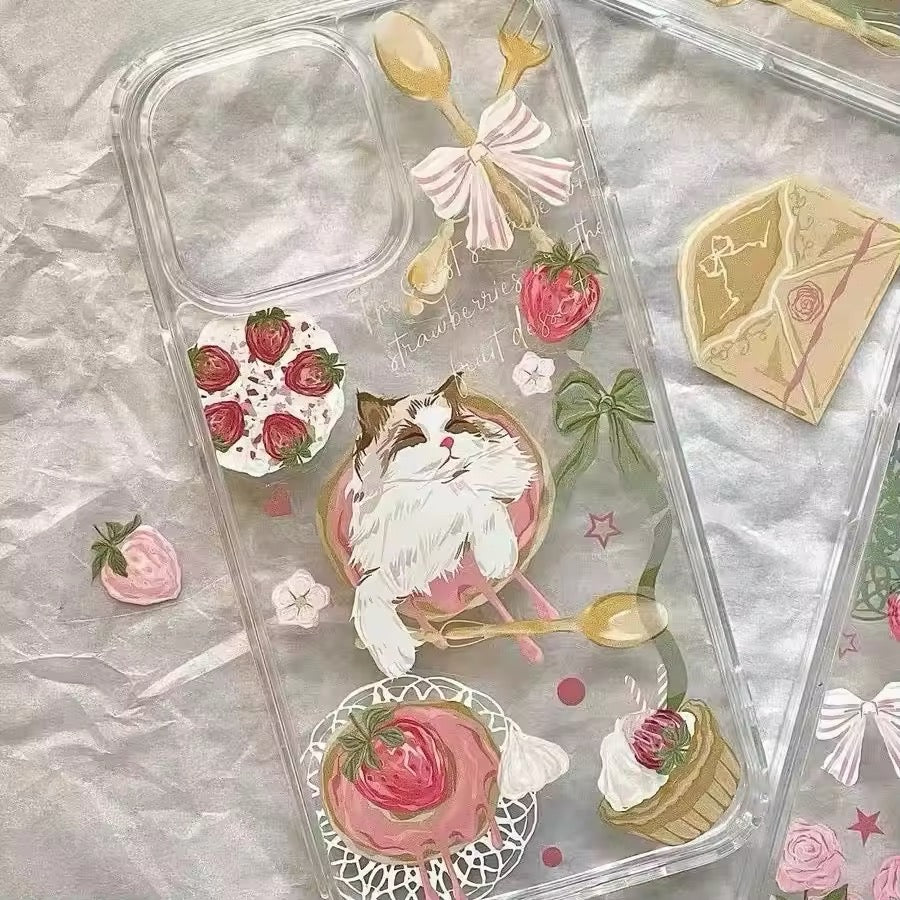 Pastel Aesthetic Cat & Strawberry Phone Case with Transparent Finish
