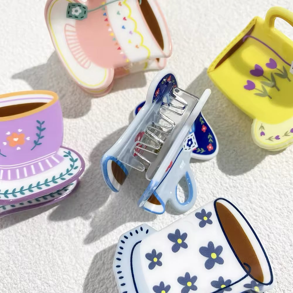 Adorable flower print coffee cup hair claw for women