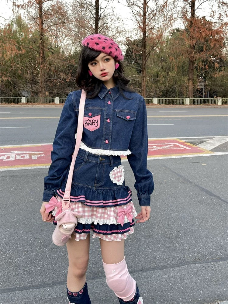 Vintage aesthetic pink ruffle mini skirt with denim charm