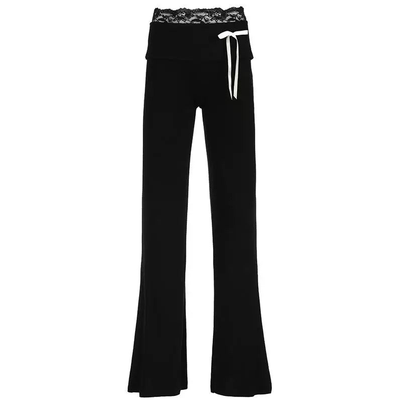 Balletcore-inspired lace patchwork flare pants, Y2K aesthetic low-waisted bootcut trousers with contrast bow details, perfect for Pilates girl outfits