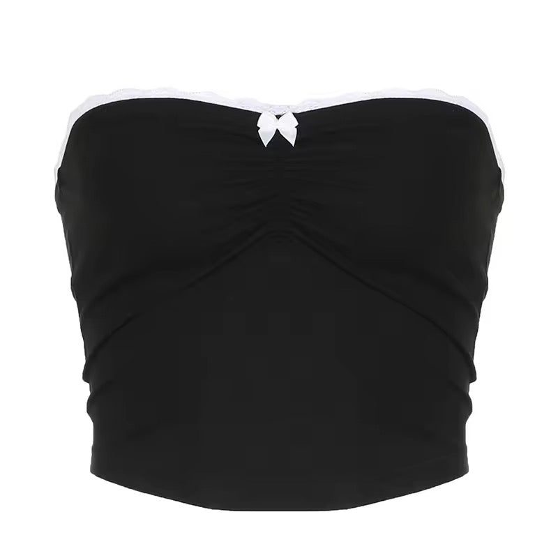 Dark coquette tube top with contrast bow stitching and lace trim