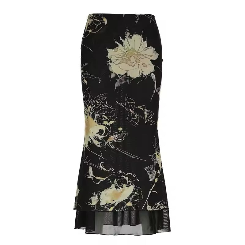 Front view of the dark floral mesh midi skirt showcasing its double-layered A-line design.
