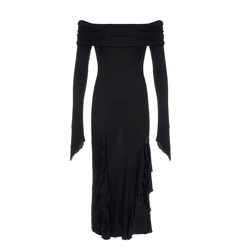Dark Ruffles Gothic Dress with Off-Shoulder Design and High Slit