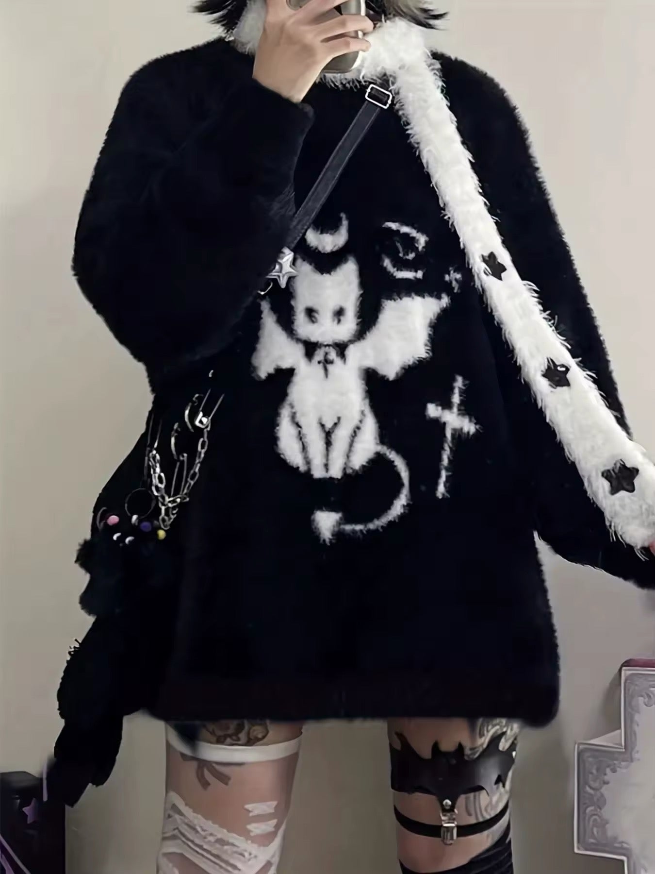 Front view of the Y2K sweater showing relaxed fit, soft acrylic texture, and gothic pattern.