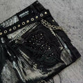 Women's black denim mini with chains, rhinestone stars and edgy punk accents