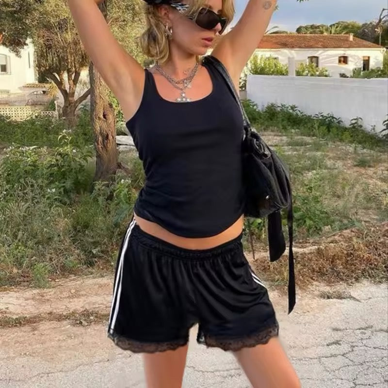 High waist white shorts with vintage black stripes and lace