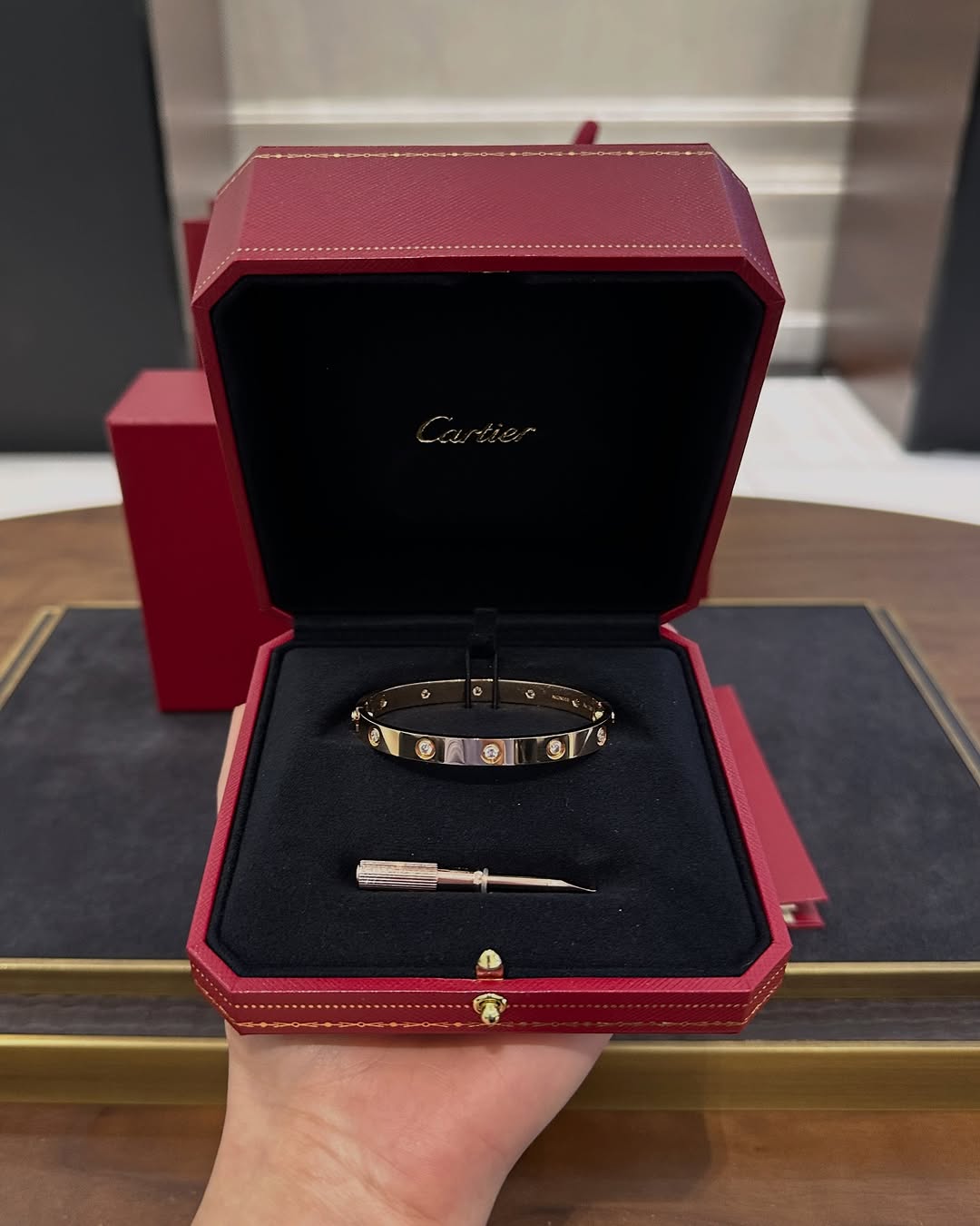 V-Gold love bangle with 10 crystals, perfect romantic gift