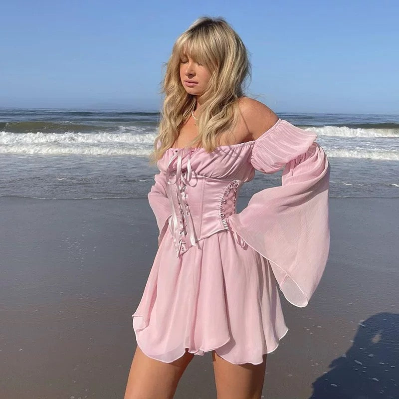 Fairycore mini dress featuring off shoulder design and ruffles