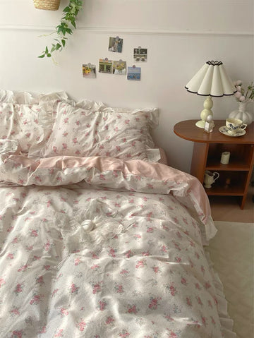 Embroidered Pink Floral Duvet Cover Set