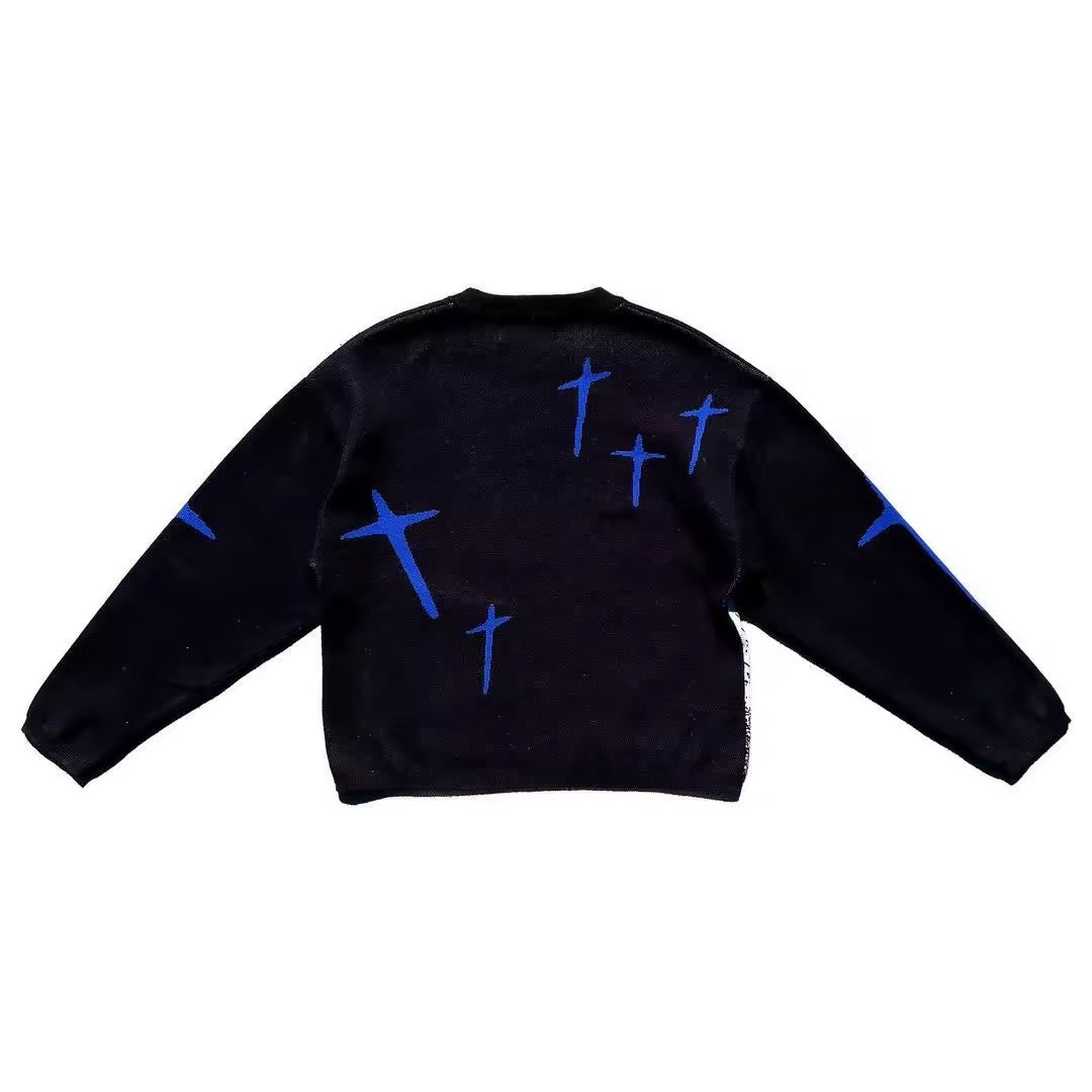 Harajuku aesthetic knit pullover with cartoon girl print and blue stars