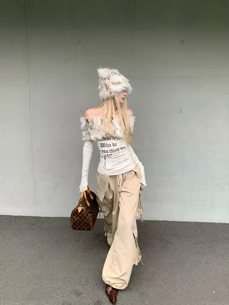 Y2K Off Shoulder Fur Top – Grunge Aesthetic Long Sleeve Crop Top