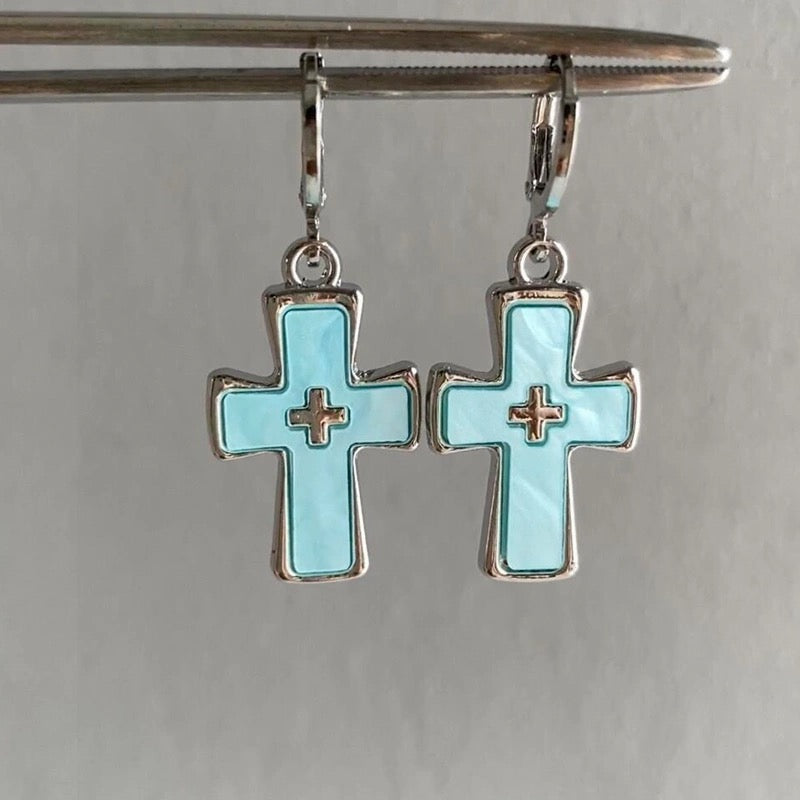 Statement gothic earrings with pink cross charm, a perfect Y2K accessory for Harajuku streetwear and scene girl aesthetic looks