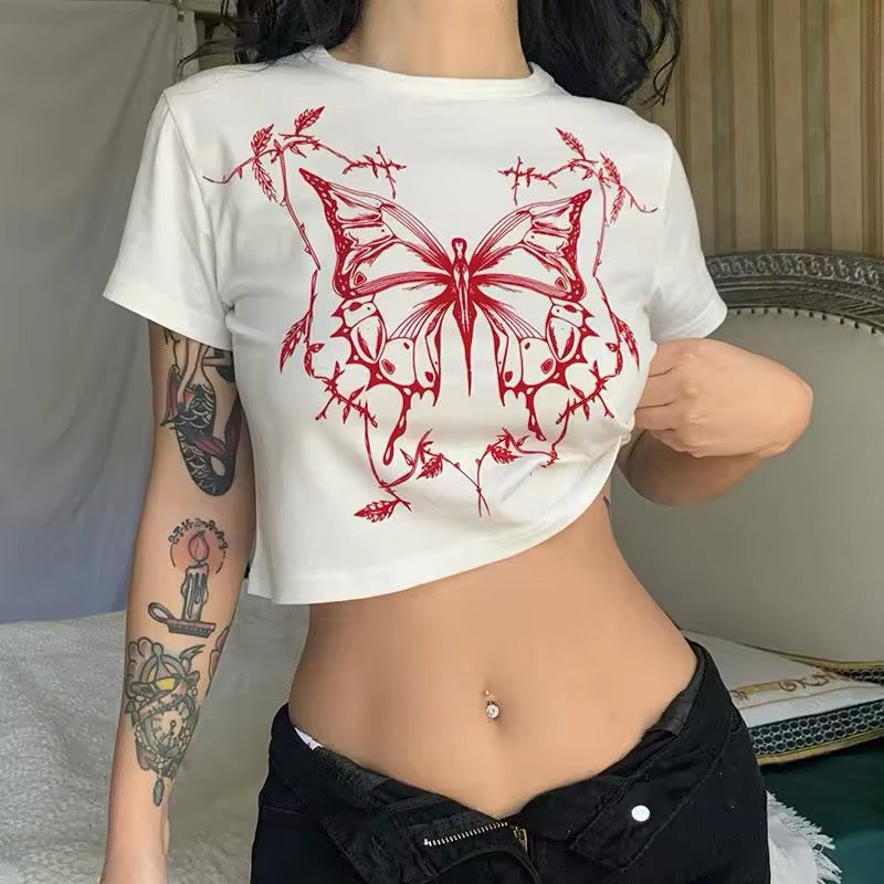 Fairy grunge aesthetic Y2K butterfly print crop top with short sleeves