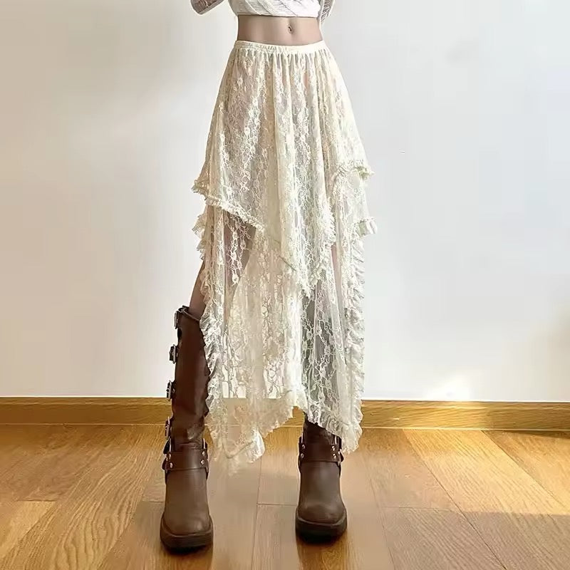 Fairycore beige lace skirt with ruffled asymmetrical hemline
