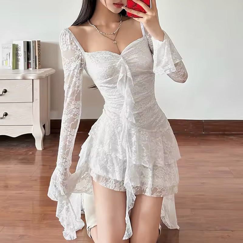 Fairycore flare dress with lace sleeves and square neckline in black