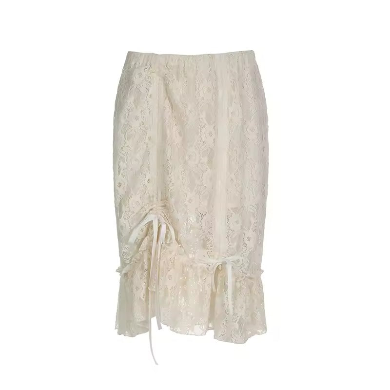 Fairycore lace midi skirt with sheer mesh fabric and lace trim
