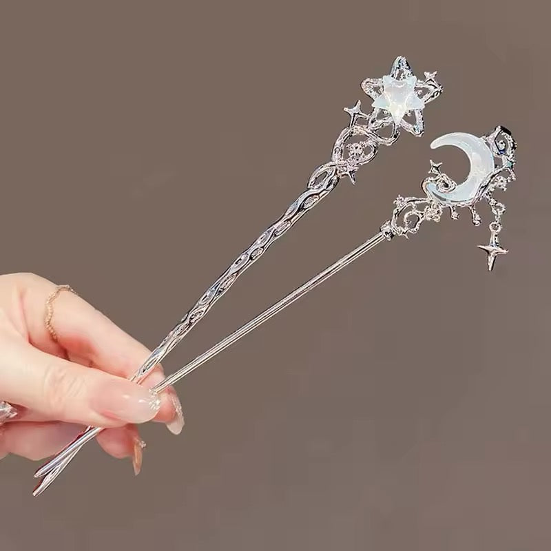 Fairycore moon hair stick with a delicate moonstone and tassel