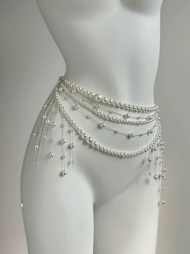 Multilayer pearl chain belt for women in fairycore style