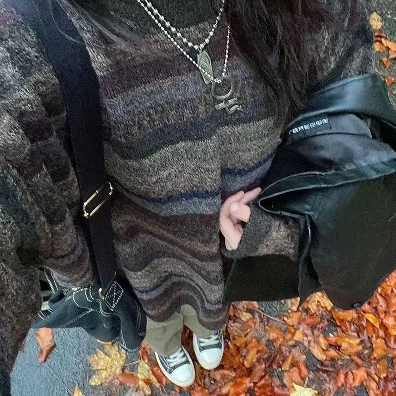 Long sleeve fairycore style striped sweater for autumn outfits