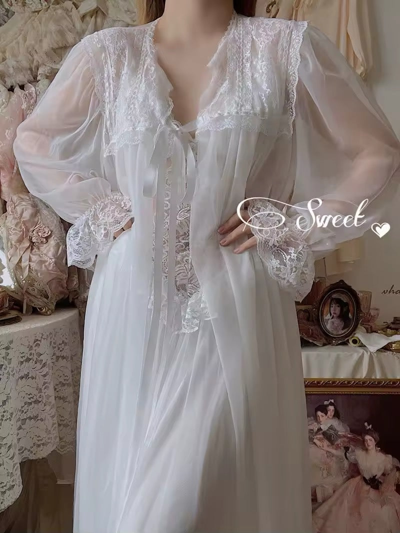Romantic homewear gown with embroidered lace and ruffle trim
