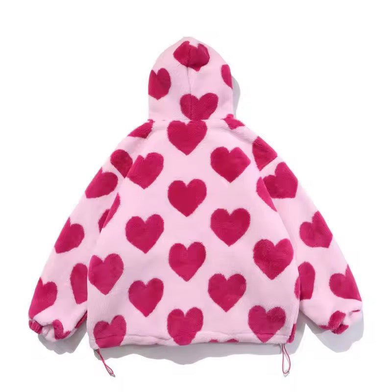 Hooded plush winter coat with zipper and hearts