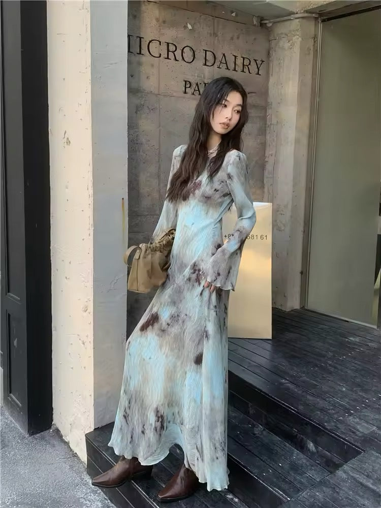 Tie Dye Flare Maxi Dress Vintage A-Line with Flare Sleeves AGCW Tie Dye Flare Maxi Dress Vintage A-Line with Flare Sleeves AGCW