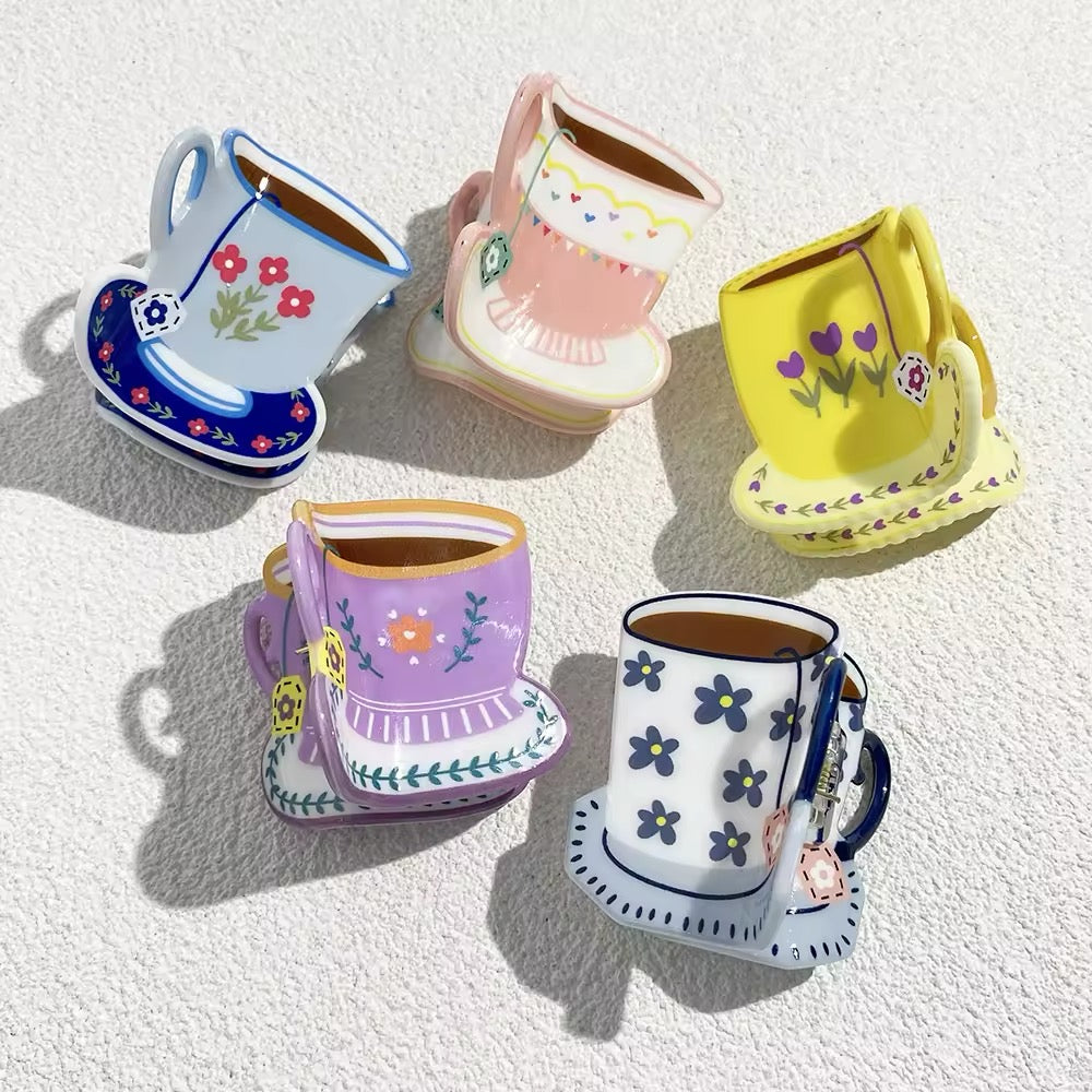 Floral mug hair clip with a cute coffee cup design