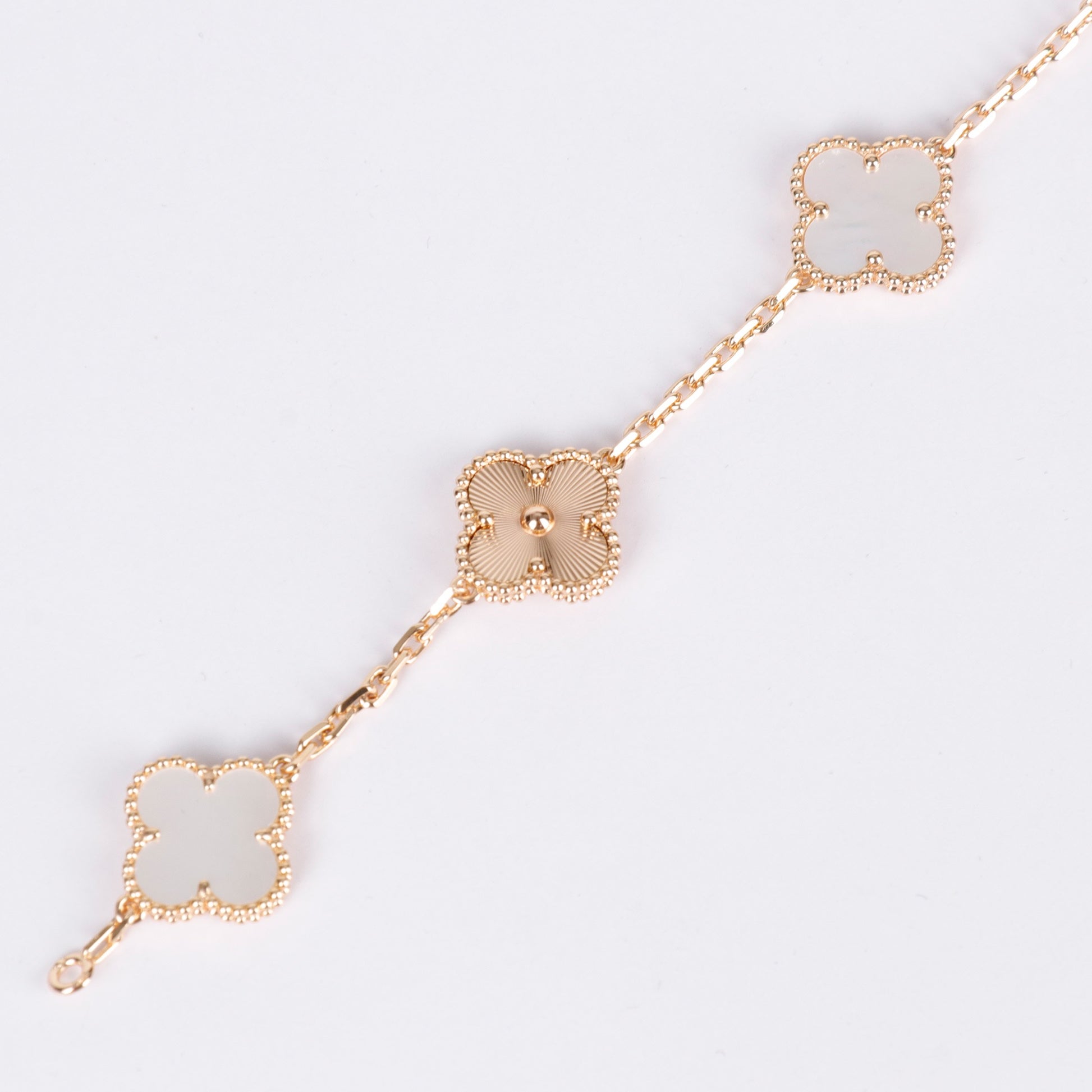 Elegant white pearl clover charm bracelet in waterproof gold plating