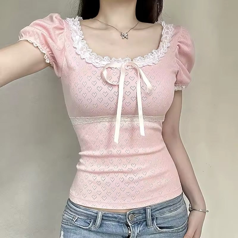 Sweet coquette lace patchwork crop top for women