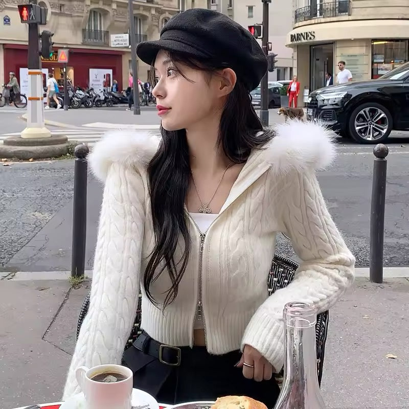 Fluffy hooded soft girl zip sweater