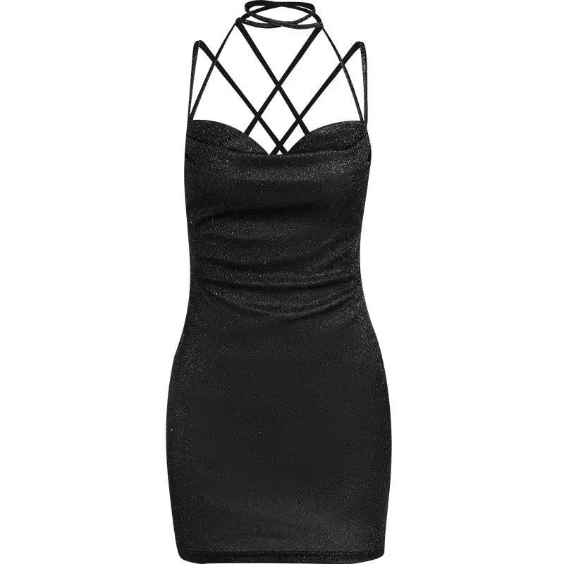 Minimalist glitter mini dress with bold straps and glitter effect