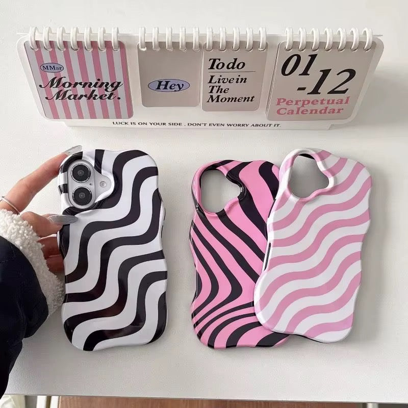 Front view of the glossy wave stripe iPhone case showcasing black and pink ripple design
