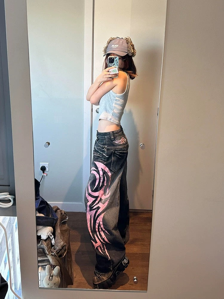 Black cyberpunk denim pants with gothic ripped texture
