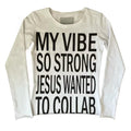 Y2K goth long sleeve shirt with bold lettering and cross graphic on the back